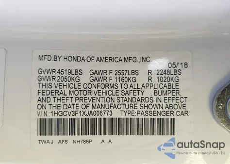 2018 Honda Accord Hybrid z USA, uszkodzony, nr VIN 1HGCV3F1XJA006773